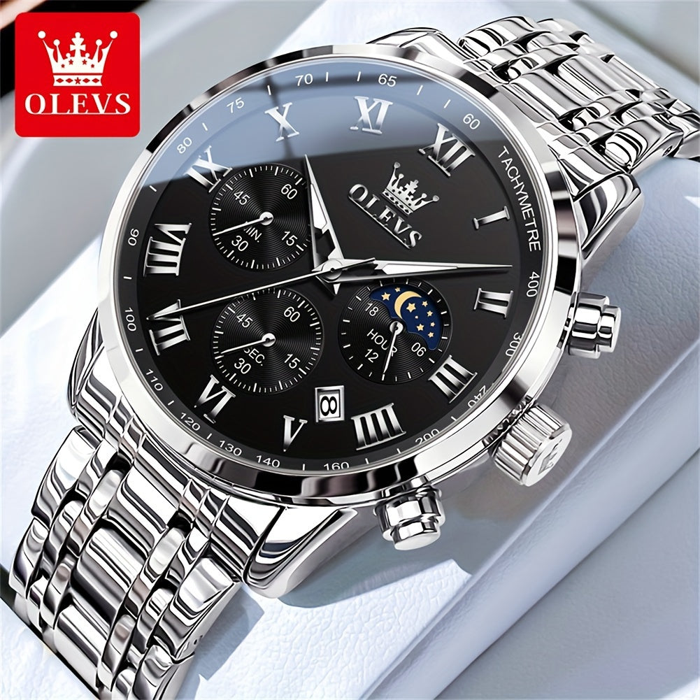 OLEVS Men Watch Stainless Steel Chronograph Roman Numerals Moon Phases Analog Quartz Luxury Dress Watch for Men