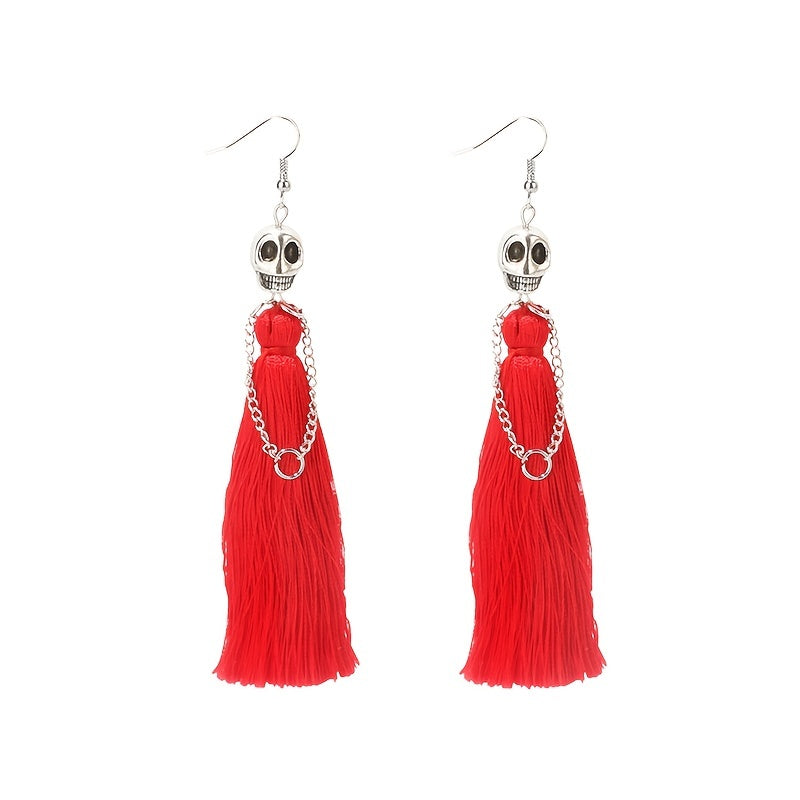[With Tassel Dangle Earrings Skeleton] Halloween Skeleton Bride Design With Threads Tassel Dangle Earrings Goth Party Style Zinc Alloy Jewelry Ghost Festival Ear Ornaments