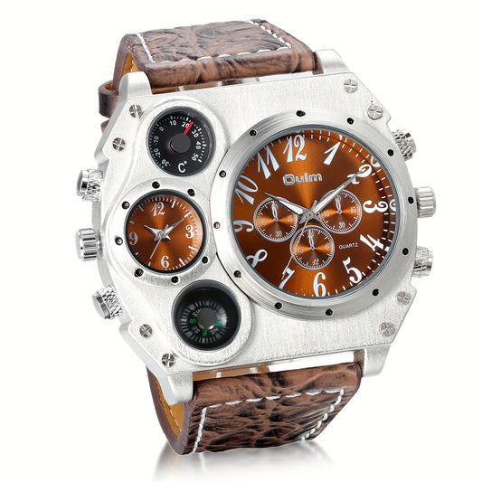 Men 2 Time Zone Big Quartz Watch Mens Faux Leather Wrist Watch Casual Sports Wirstwatch