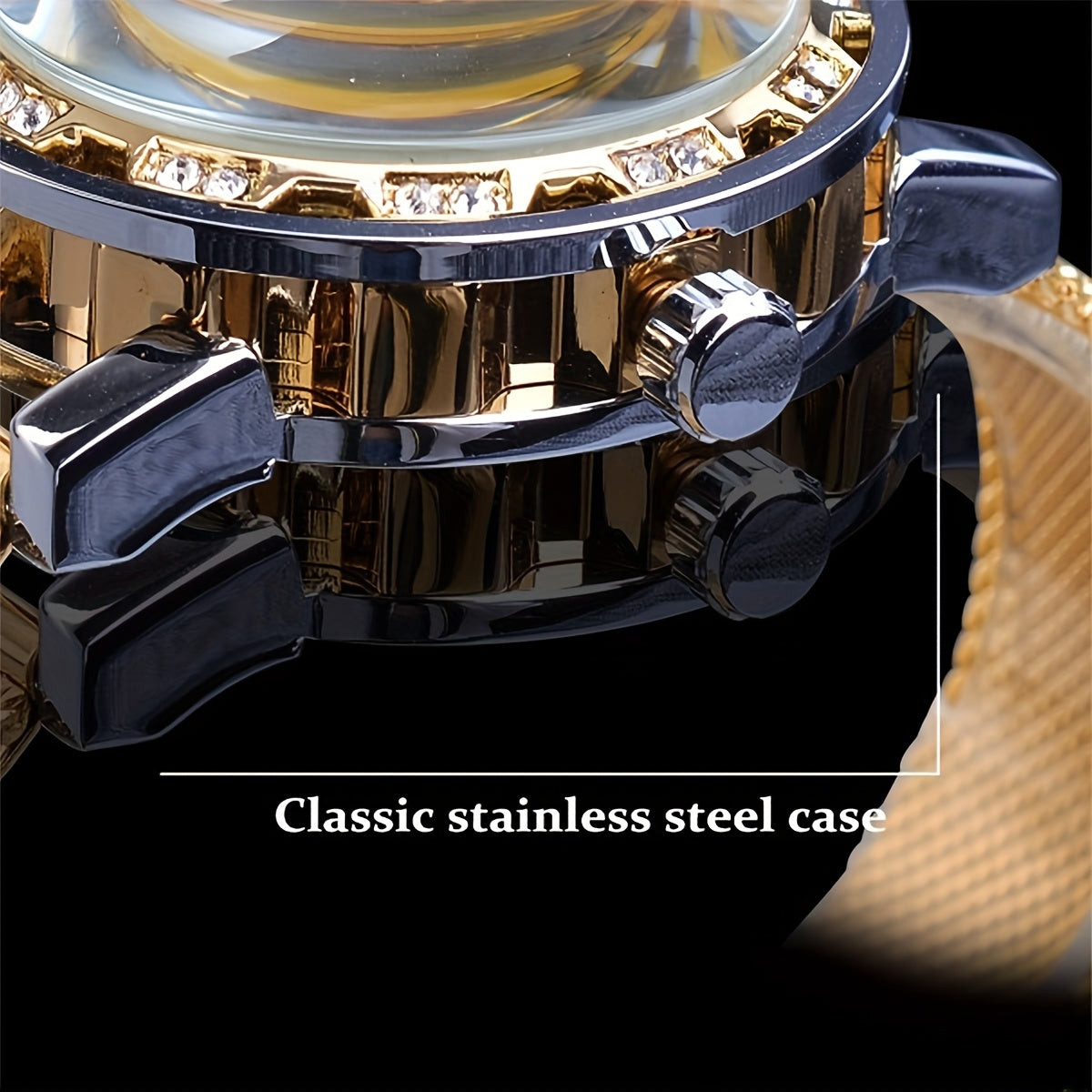1pc Elegant Men's Mechanical Watch with Rhinestone Accents, Golden-Tone Hollow Mesh Band, Stainless Steel & Zinc Alloy Case, Self-Winding Movement, No Battery Needed - Business Style Luxury Watch for Formal & Casual Wear, For