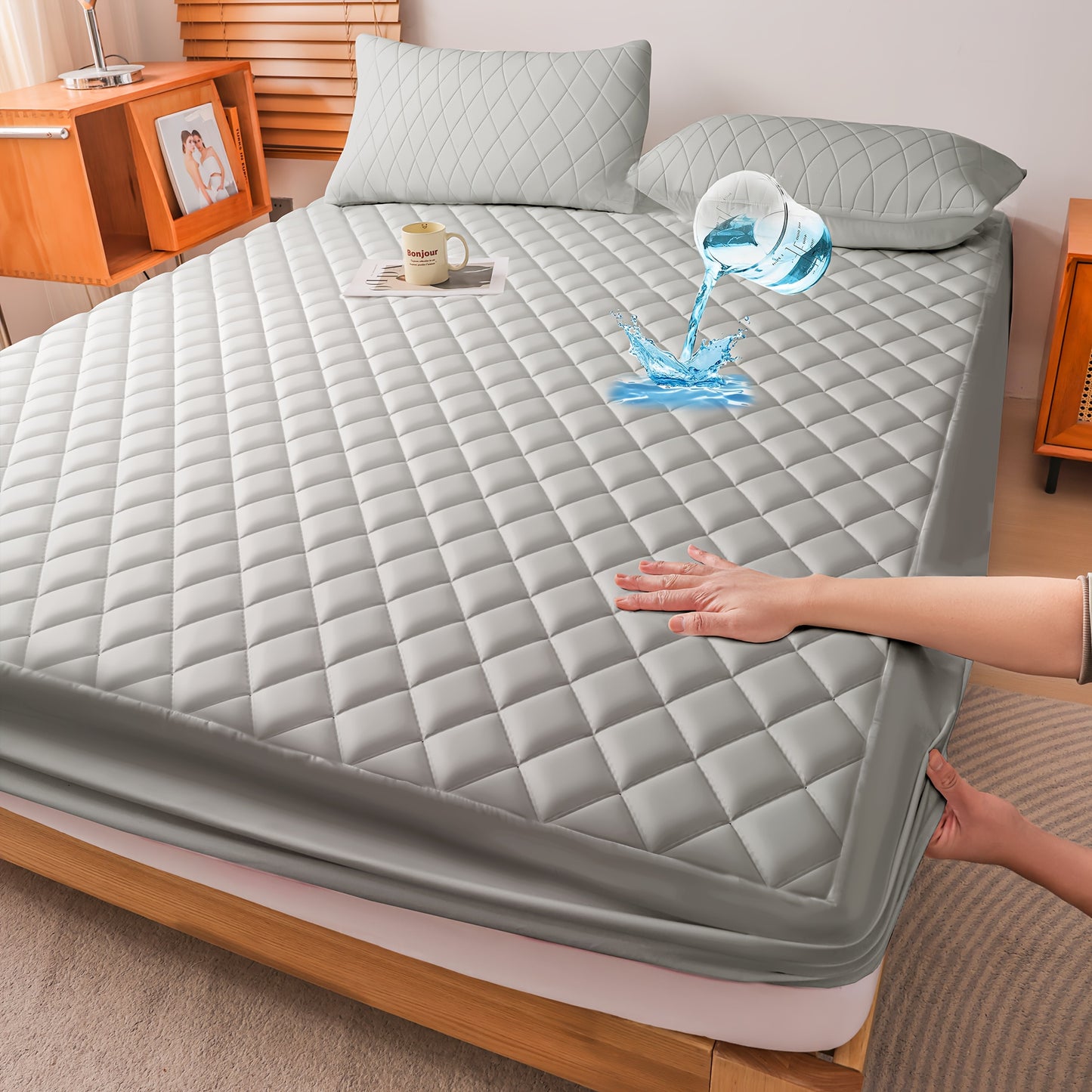 1pc Cooling Waterproof Mattress Protector, Cool And Comfortable, Layered Fitted Sheet, Solid Color Bedding Design, Can Be Used As A Separate Bedspread, 9-15 Inches Deep Pocket, Ideal For Bedroom, Guest Room And Hotel Mattress