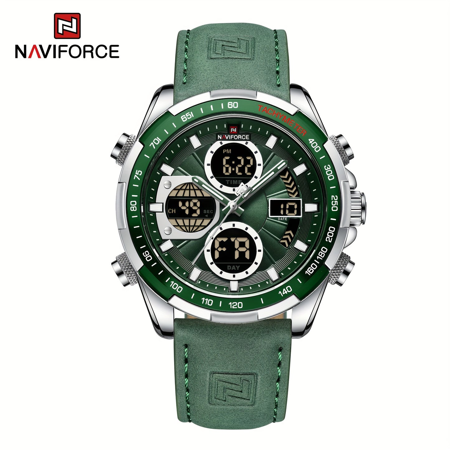 NAVIFORCE Men's Dual Display Sports Watch - Green Genuine Leather Strap, Stainless Steel Case, Chronograph & Date Functions, Ideal for Casual or Athletic Wear, Athletic Accessory|Classic Round Dial|Durable Zinc Alloy