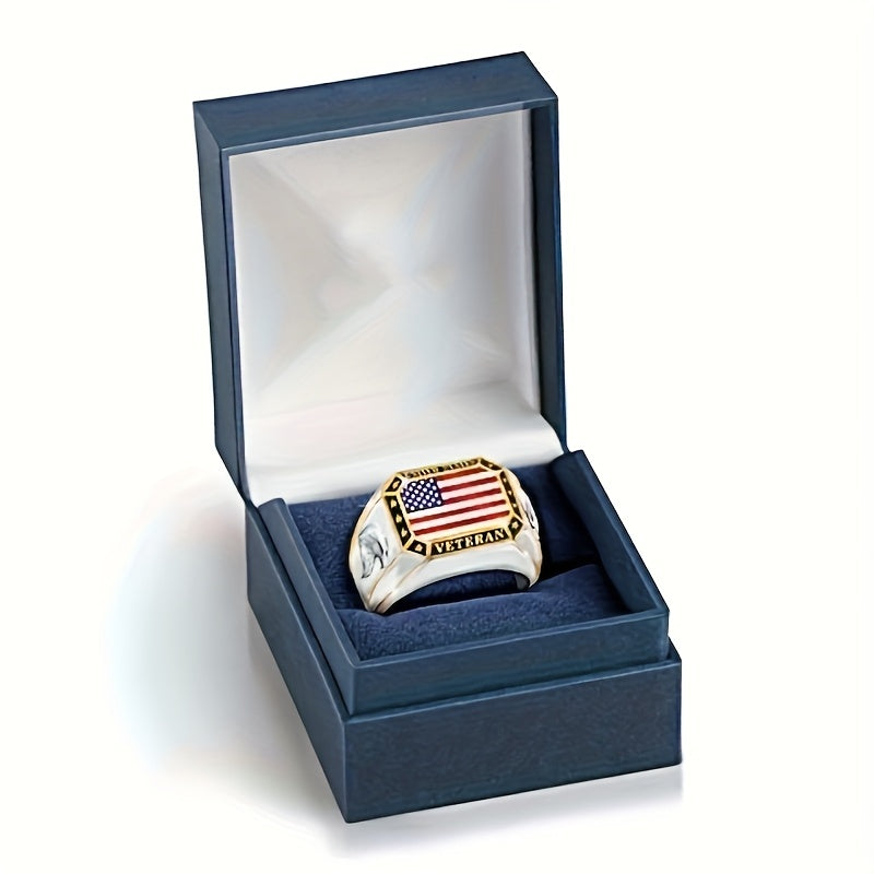 Men's Patriotic American Flag Ring Geometric Square Star & Stripe Design, Punk Hip Hop Rapper Jewelry, Independence Day Military Gift, Anniversary Band for Him