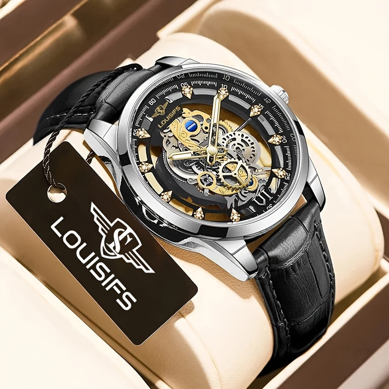Men's Double-Sided Hollow Luminous Quartz Watch with Mechanical Automatic Movement, Transparent Case & Date Display - Business Casual Dress Watch, Ideal Gift for Him