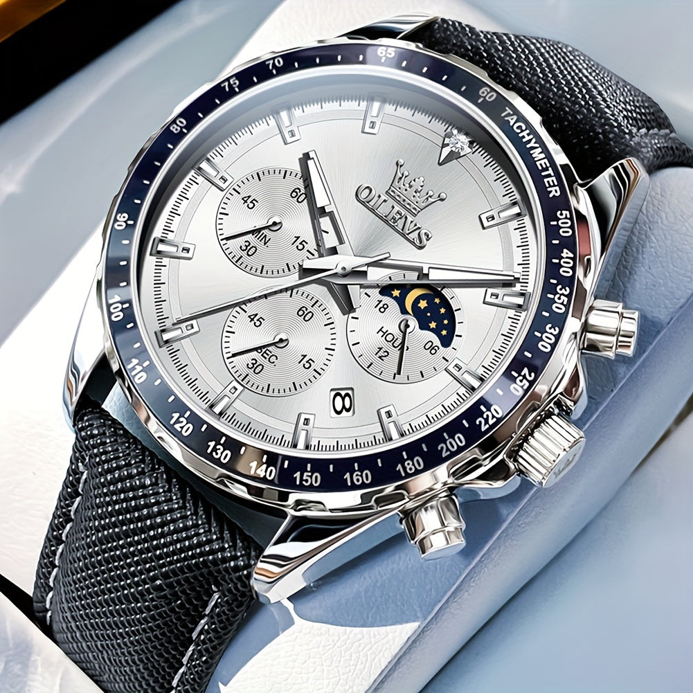 OLEVS Men'S Luxury Watches Blue Leather, Casual Watches for Men, Chronograph Watches Moon Phase Quartz Male Watch Wrist Watch Big Face with Calendar Wristwatch Relojes De Hombre