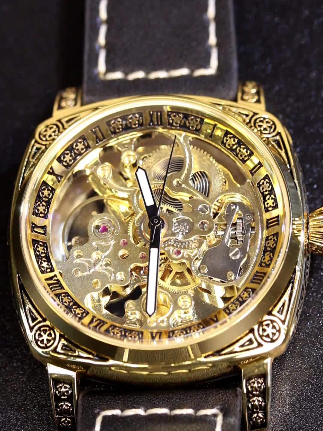 [Elegant Mechanical Timepiece] 1pc Elegant Golden-Tone Mechanical Watch - Vintage Style, Automatic Self-Winding, 30m Water-Resistant, Zinc Alloy Case, Black Faux Leather Strap, Luminous Hands