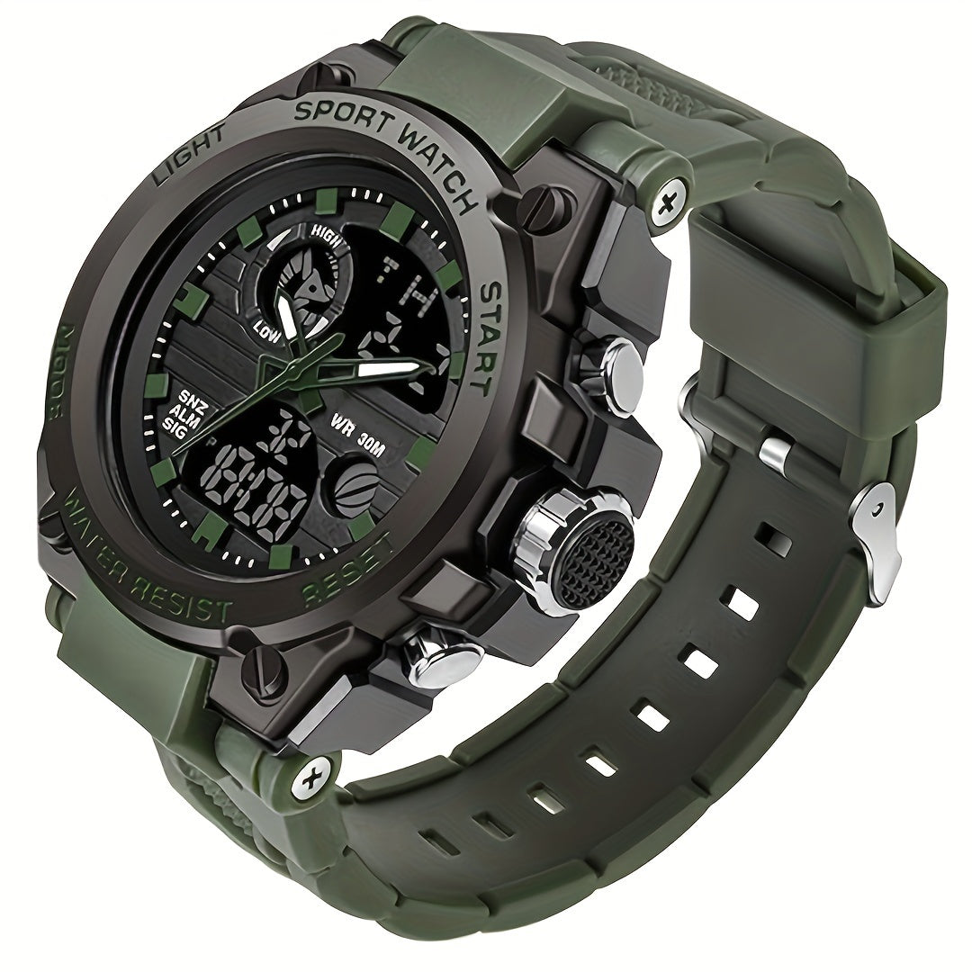 Rugged Men's LED Digital & Analog Sports Watch - to 30m, Stopwatch, Dual Display, Durable Black Resin Band, Zinc Alloy Case, for Outdoor Adventures