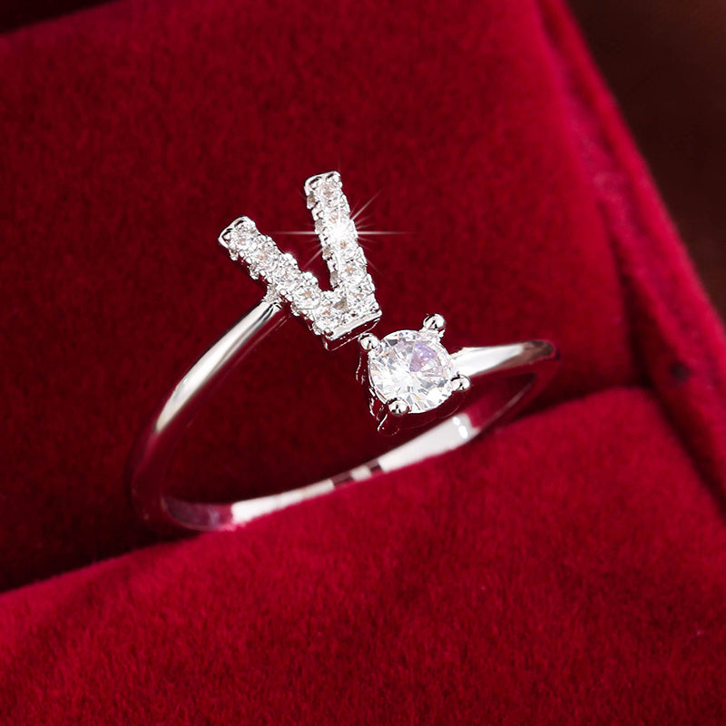 [Copper Fashion Ring] Four-claw Round Zirconia Adjustable Copper Ring With 26 English Letters