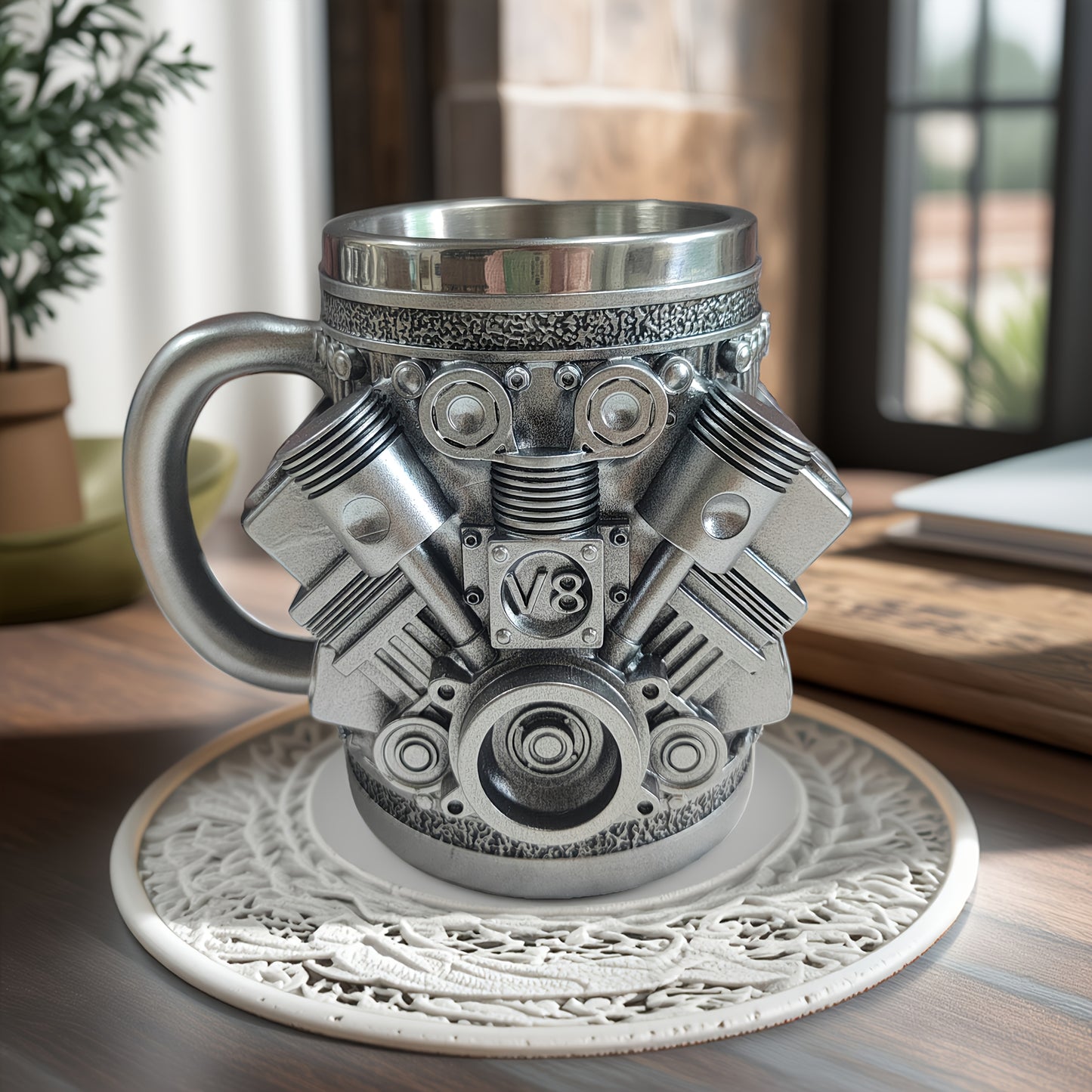 V6 or V8 Engine Beer & Coffee Mug - Heavy-Duty Cup with Piston, Connecting Rods, Valve Covers - Compatible with Automotive Enthusiasts, Mechanics, Car Lovers - Ideal Birthday/Retirement Gift for Men, Unique Gift Item, Detaile