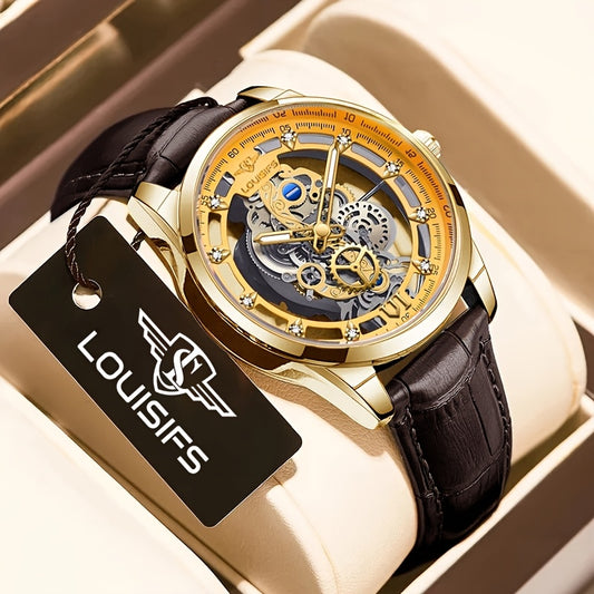 Men's Double-Sided Hollow Luminous Quartz Watch with Mechanical Automatic Movement, Transparent Case & Date Display - Business Casual Dress Watch, Ideal Gift for Him