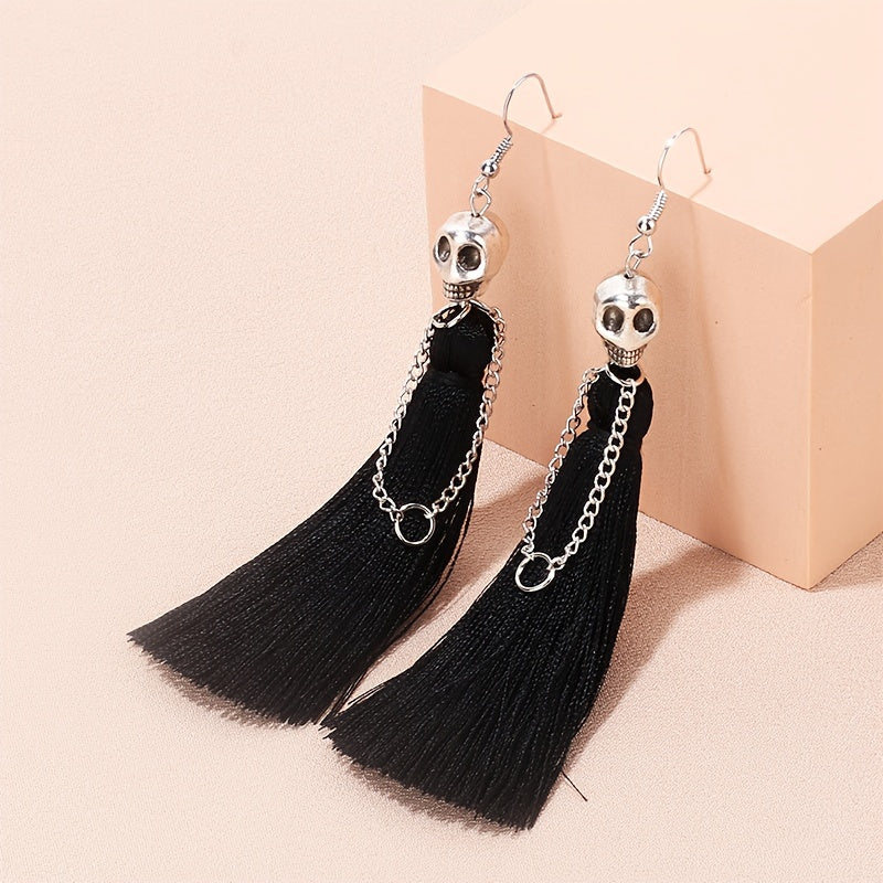 [With Tassel Dangle Earrings Skeleton] Halloween Skeleton Bride Design With Threads Tassel Dangle Earrings Goth Party Style Zinc Alloy Jewelry Ghost Festival Ear Ornaments