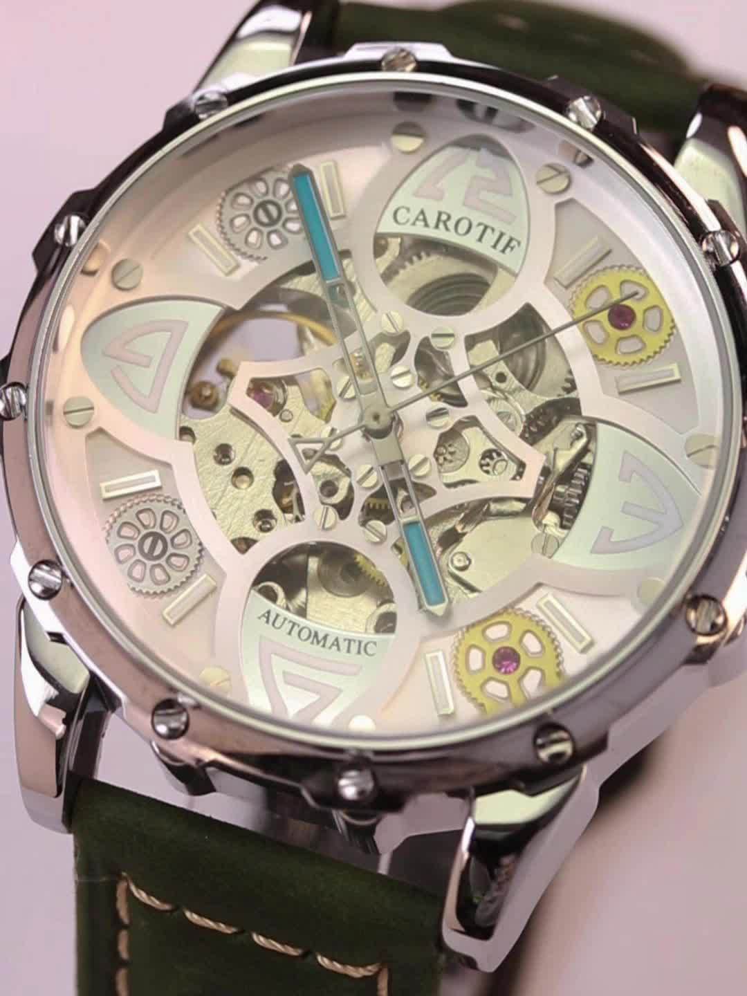 1pcs Green (Men's) Belt Personality Style Design Novel Chic Automatic Hollow Four-Leaf Clover Mechanical Watch