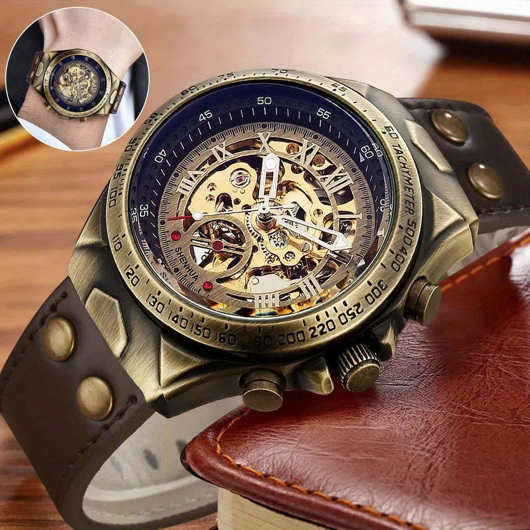 Automatic Mechanical Wristwatch for Men, Luxury Classic Skeleton Dial Watch, Retro Design for Casual Fashion, Ideal Gift for Labor Day/Christmas/Thanksgiving/Birthday