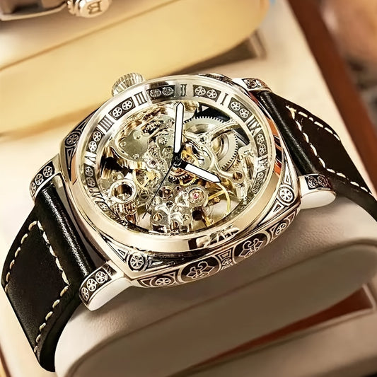 Men'S Golden Automatic Mechanical Watch with Hollowed-Out Skull Dial, Roman Numerals & World Time Function - Luxury Round Formal & Casual Wristwatch with Black Faux Leather Strap, Mechanical Movement, No Battery Needed, Forma