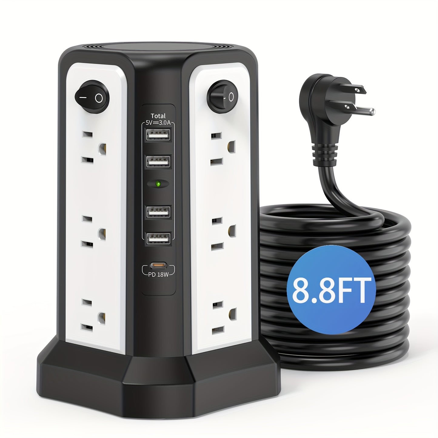 LEVEL 4 Upgraded New Product Flat Plug 16 AC Outlets Power Strip Tower with USB/USB C Port, Surge Protector Power Tower with 5 USB Charging Ports, Extension Cord Desktop Power Strip