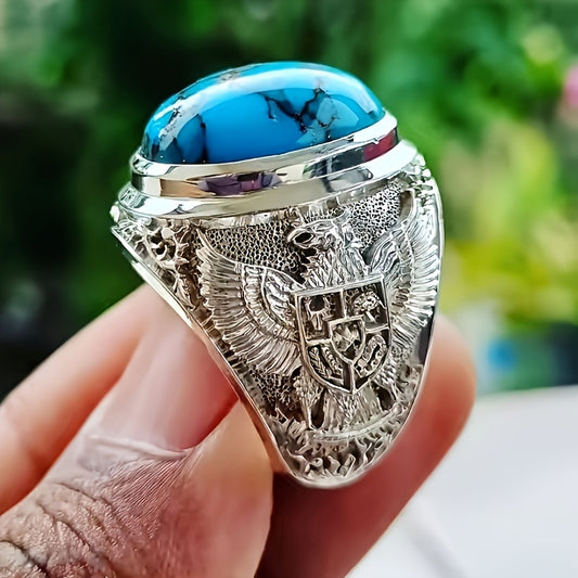 Men's Vintage Eagle Design Ring with Turquoise Stone – Retro Arabic Style Alloy Band, Intricate Engraved Eagle & Shield Motif, Perfect for Gifts, Parties, and Celebrations, Gift Ring | Retro Design | Engraved Jewelry, Best