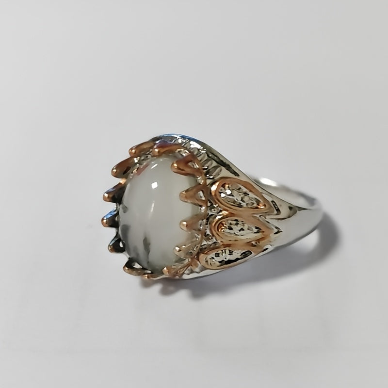 Vintage-Inspired Faux Opal Geometric Ring for Men - Stainless Steel Band with Intricate Design, Perfect for Engagement, Weddings, and Special Occasions, Wedding Ring