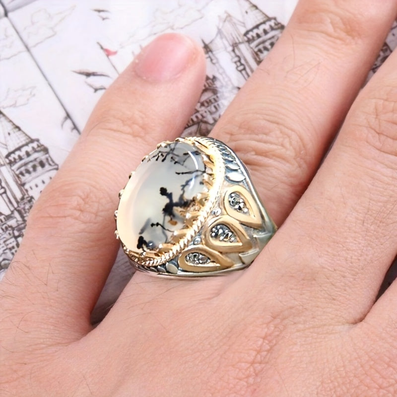 Vintage-Inspired Faux Opal Geometric Ring for Men - Stainless Steel Band with Intricate Design, Perfect for Engagement, Weddings, and Special Occasions, Wedding Ring