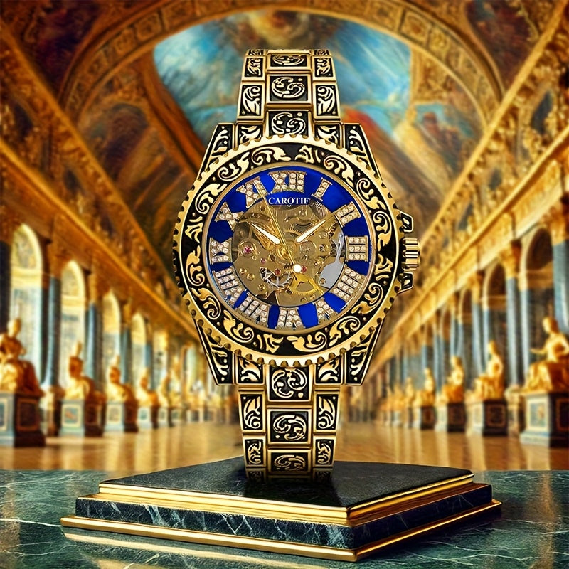 1pc Men'S Red Steel Belt Retro Style Design Novel Fashion Luminous Carved Mechanical Watch