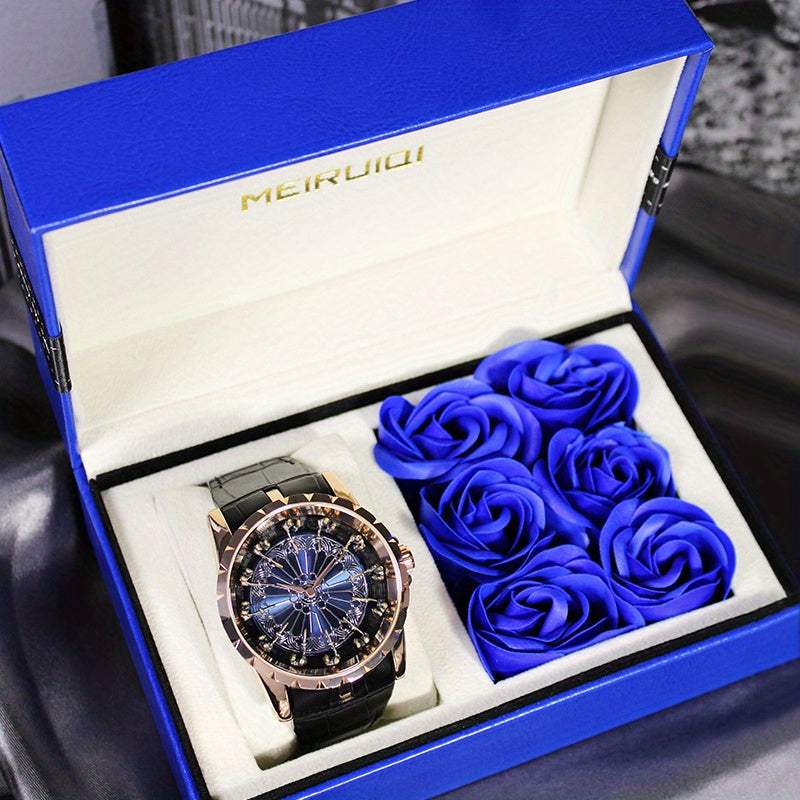 1pc/Set Men'S Rose Black PU Belt Party Style Novel Round Table Twelve Knight Quartz Watch Gift Box Set, Christmas