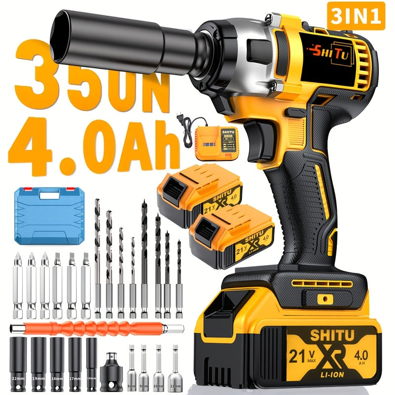 21V Cordless Impact Wrench Wireless Drill Kit, Brushless Electric Impact Gun Drill, Impact Wrench Drill, Equipped With 4000mAh Battery, Toolbox, Charger, Socket And Complete Accessories. Suitable For Men'S Gifts In Cars And H