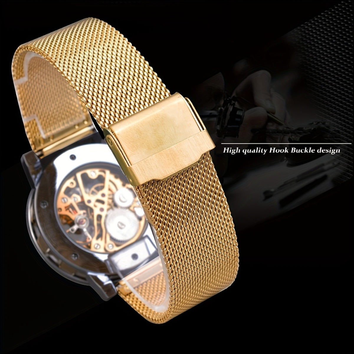 1pc Elegant Men's Mechanical Watch with Rhinestone Accents, Golden-Tone Hollow Mesh Band, Stainless Steel & Zinc Alloy Case, Self-Winding Movement, No Battery Needed - Business Style Luxury Watch for Formal & Casual Wear, For