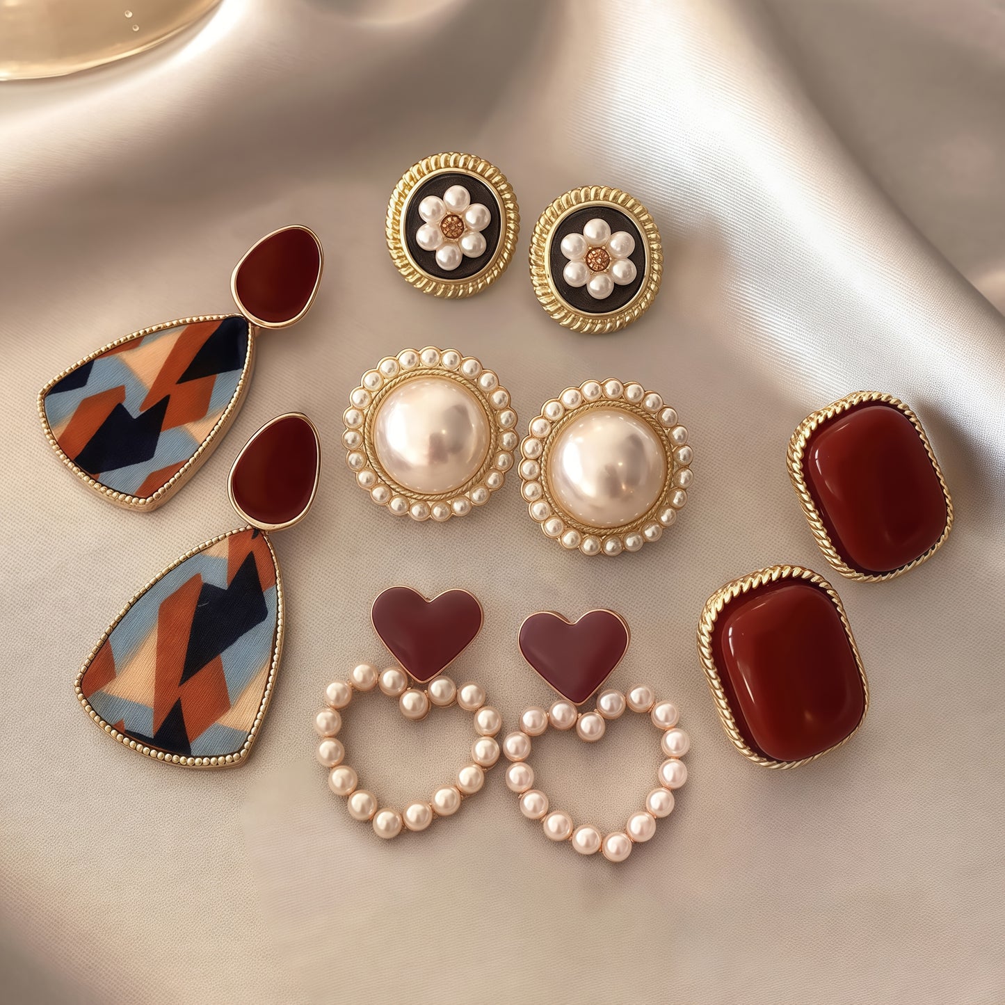 A Set of Five Pairs of Women'S Stylish Earrings in Wine Red, Featuring Vintage Hong Kong Style Faux Pearls, Perfect for Daily Wear, Parties, Valentine'S Day, Or Birthday Gifts.