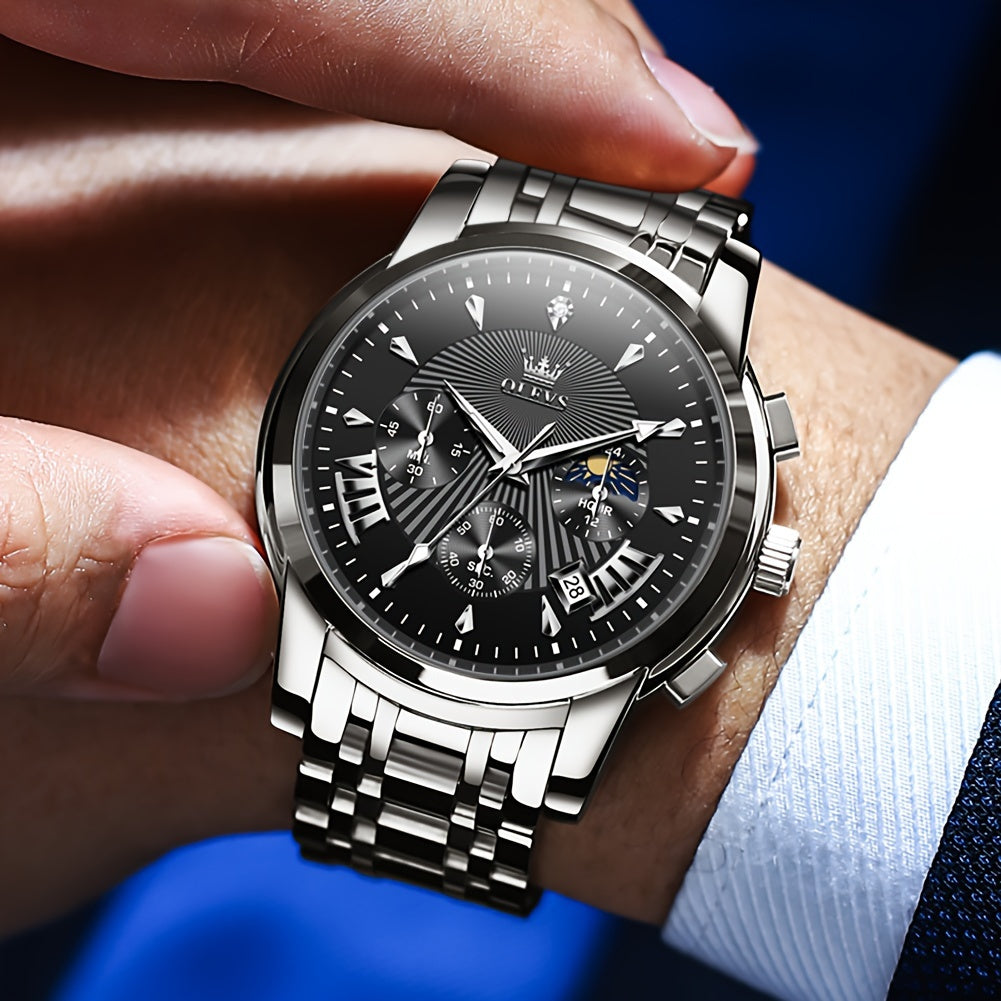 OLEVS Watch for Men Chronograph Stainless Steel Case Analog Quartz Fashion Business Dress Large Face Men Watch Day Date Luminous Waterproof Casual Male Wrist Watch