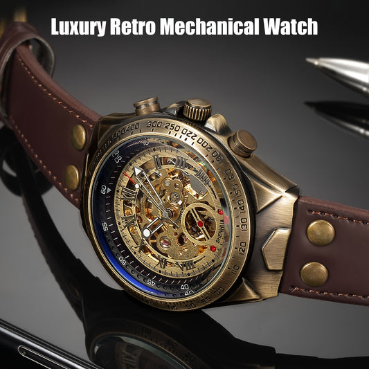 Automatic Mechanical Wristwatch for Men, Luxury Classic Skeleton Dial Watch, Retro Design for Casual Fashion, Ideal Gift for Labor Day/Christmas/Thanksgiving/Birthday