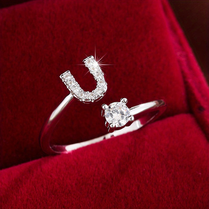 [Copper Fashion Ring] Four-claw Round Zirconia Adjustable Copper Ring With 26 English Letters