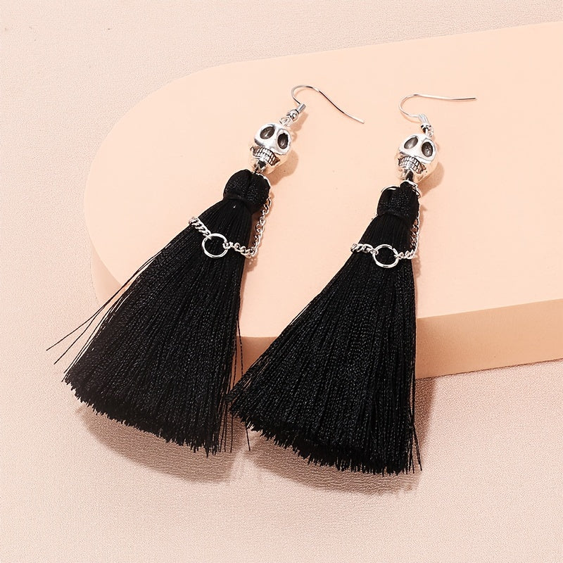 [With Tassel Dangle Earrings Skeleton] Halloween Skeleton Bride Design With Threads Tassel Dangle Earrings Goth Party Style Zinc Alloy Jewelry Ghost Festival Ear Ornaments