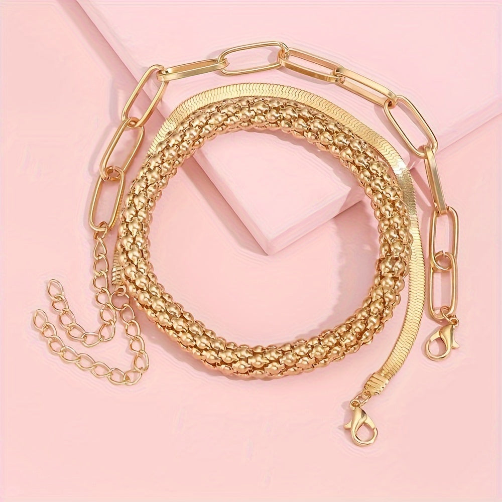 Trendy European And American Accessories: Hot-selling Multi-layer Snake Bone Chain Bracelet Set, Creative Vintage 3-piece Golden Chain Bracelet For Women.