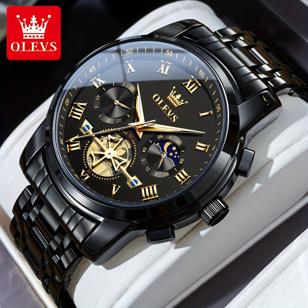 [Luxury Men's Watch] OLEVS Luxury Men's Business Watch | Stainless Steel, Blue Dial, Golden Markers, Moon Phase Indicator, Luminous Hands, Quartz Movement, Roman Numerals & Crown Detailing | Versatile Wristwatch for Formal &