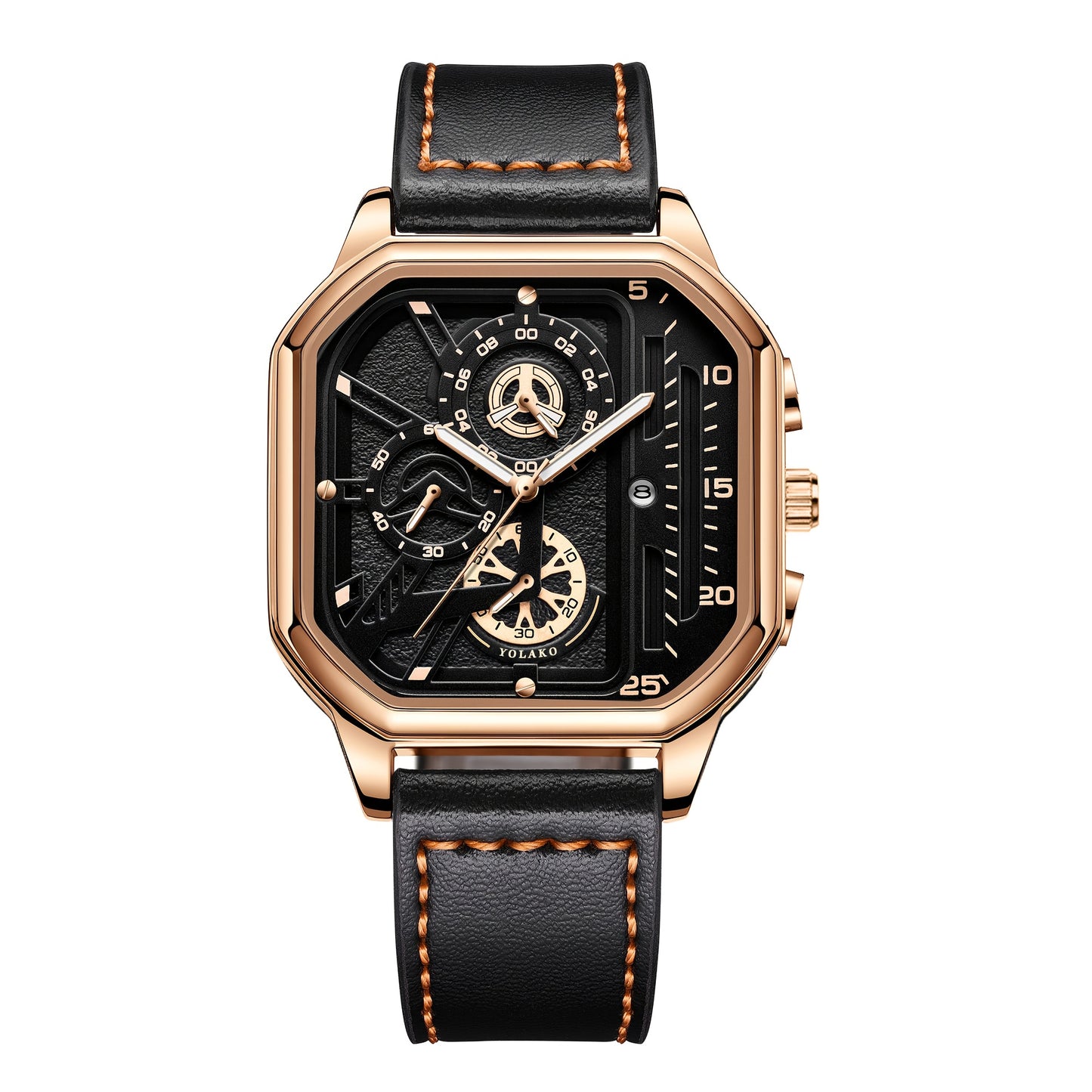 Men's Vintage Sports Quartz Watch with Large Dial, Date Calendar, Rose Golden Accents & Black Faux Leather Strap - Business Casual Wristwatch, Ideal Gift for Him, Everyday Luxury Watch, Durable Wristwatch