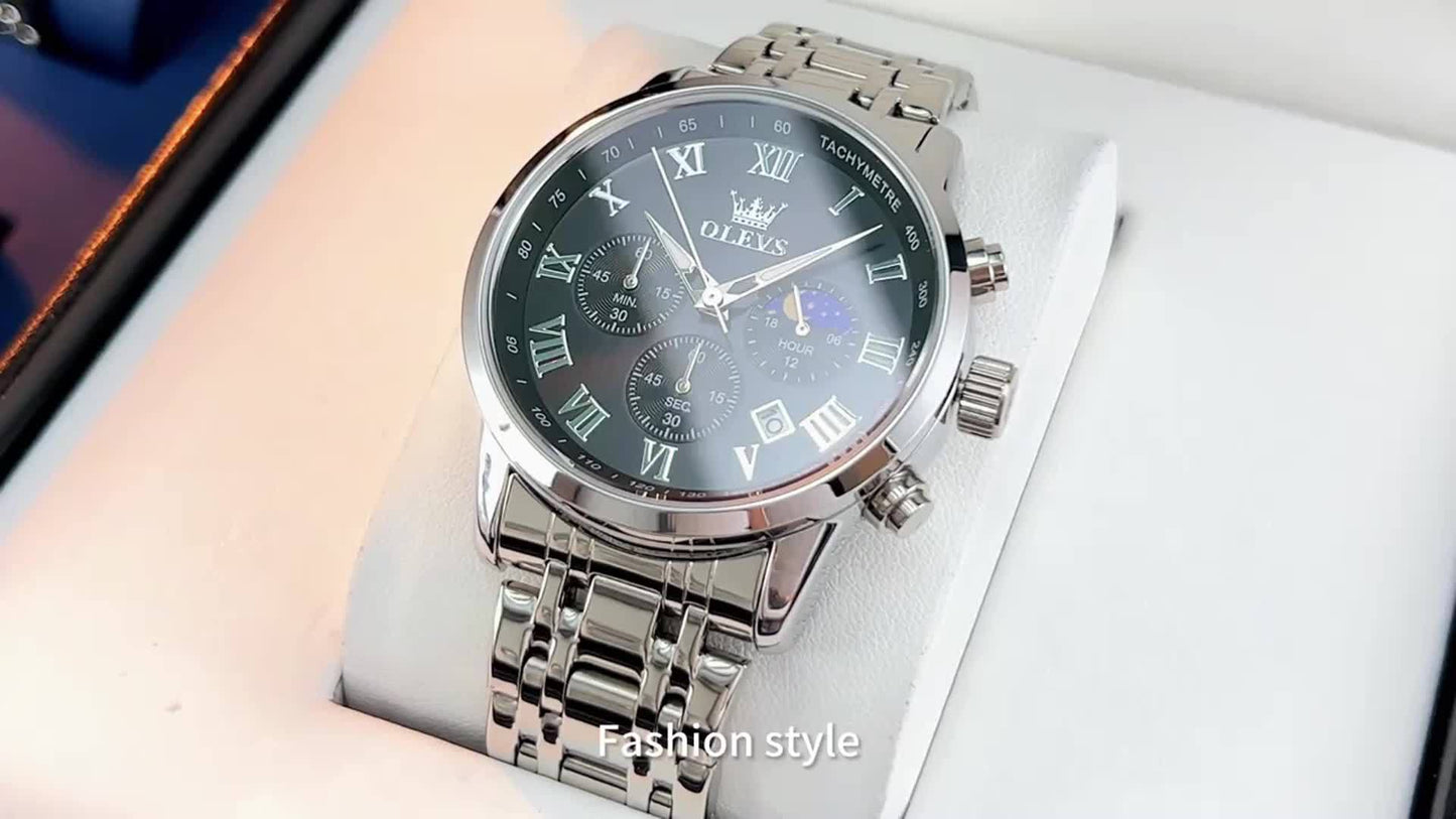 OLEVS Men Watch Stainless Steel Chronograph Roman Numerals Moon Phases Analog Quartz Luxury Dress Watch for Men