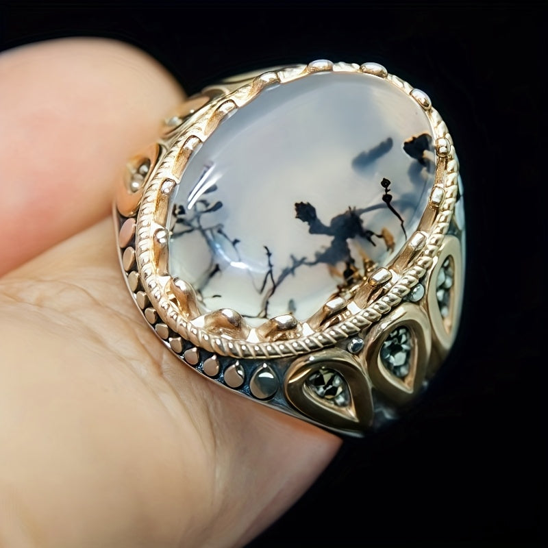 Vintage-Inspired Faux Opal Geometric Ring for Men - Stainless Steel Band with Intricate Design, Perfect for Engagement, Weddings, and Special Occasions, Wedding Ring