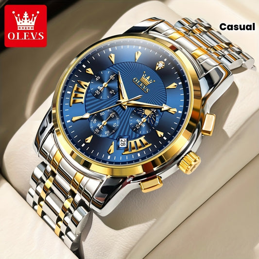 OLEVS Watch for Men Chronograph Stainless Steel Case Analog Quartz Fashion Business Dress Large Face Men Watch Day Date Luminous Waterproof Casual Male Wrist Watch
