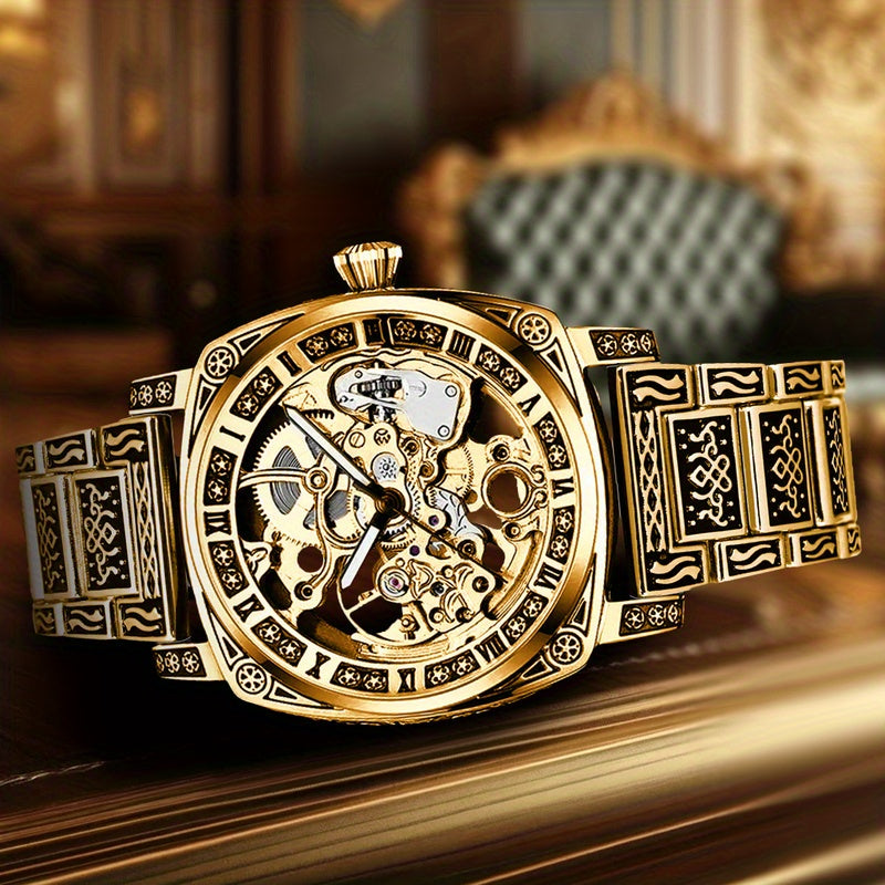 1pc Elegant Men'S Mechanical Watch, Goldene Zinc Alloy Case, Self-Winding Round Dial with Carved Night Light Design, Pointer Display, Zinc Alloy Strap - No Battery Required