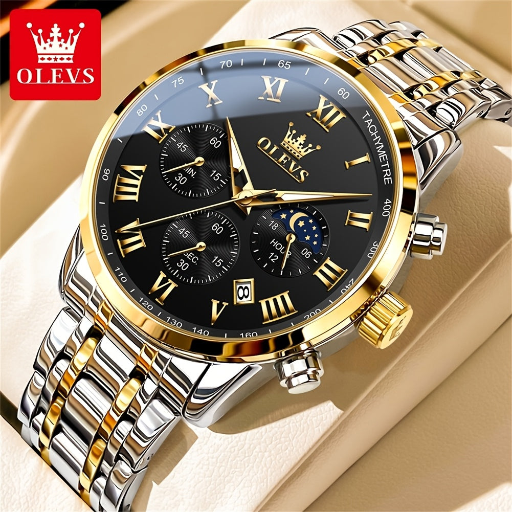 OLEVS Original Stainless Steel Fashion Multifunction Quartz Watch for Men High Quality Chronograph Calendar Moon Phase Luminous Luxury Men's Wrist Watches