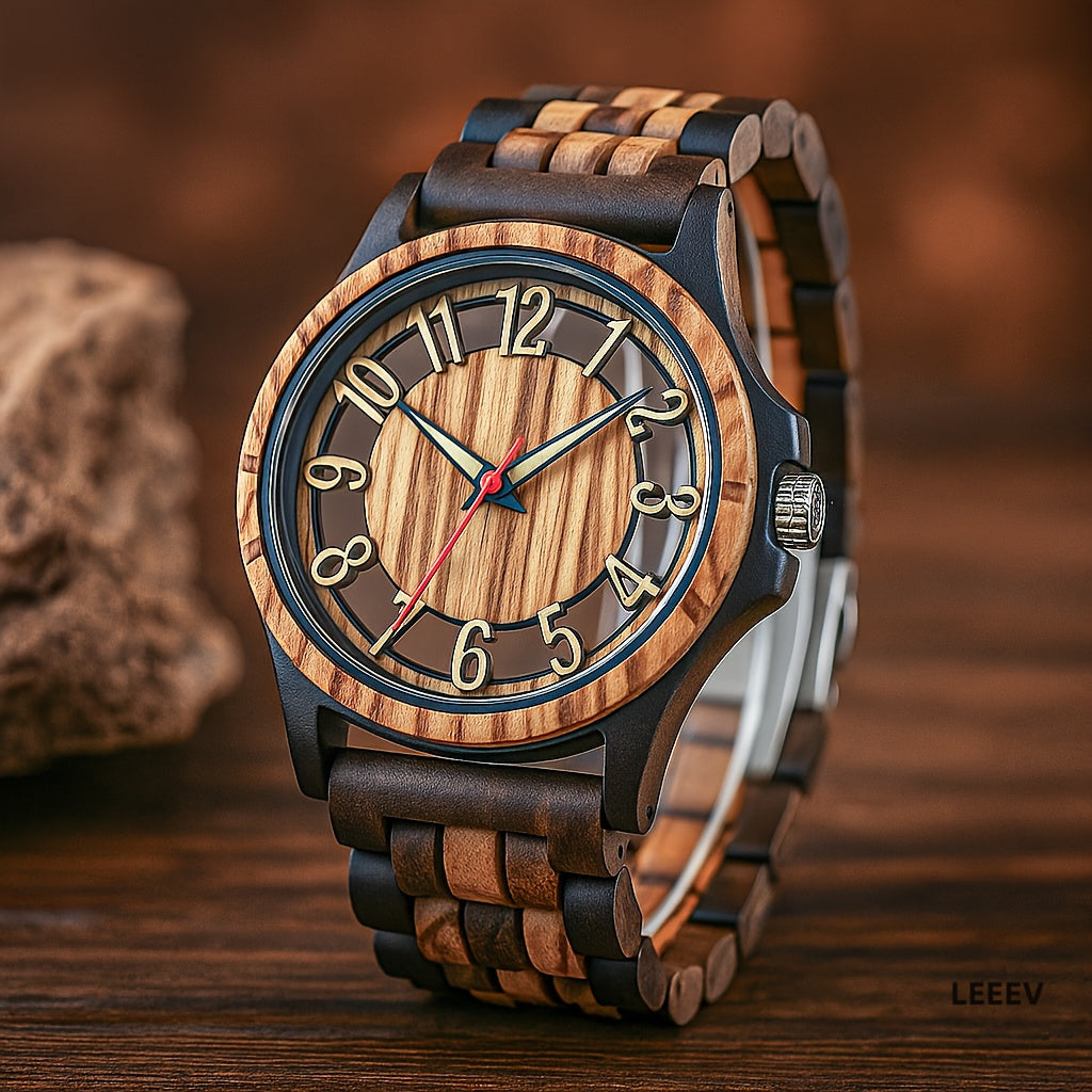 LeeEv Natural Mens Wood Watch, Transparent Hollowed Out Arabic Numeral Dial Quartz Wooden Watch, Quartz Movement Natural Wooden Watch Gift For Man Boys Father Son