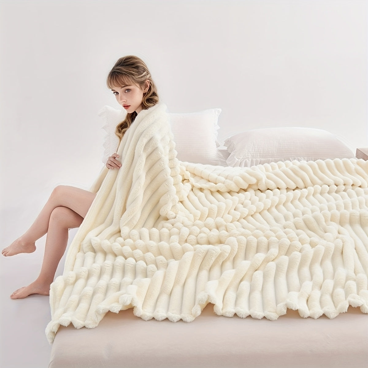[Soft Rabbit Fur Blanket] Super Soft Luxurious Faux Rabbit Fur Throw Blanket - Warm & Cozy For Couch, Bed, Office, Nap, Outdoor Camping And Travel - Versatile All-Season Gift, Christmas Present