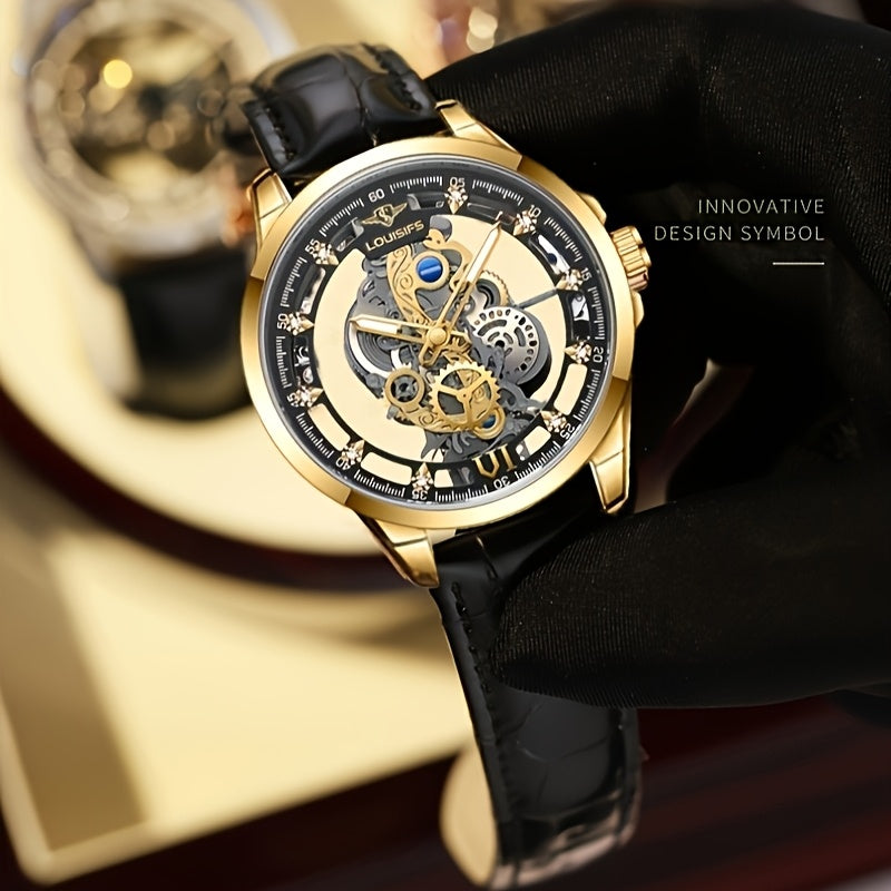 Men's Double-Sided Hollow Luminous Quartz Watch with Mechanical Automatic Movement, Transparent Case & Date Display - Business Casual Dress Watch, Ideal Gift for Him