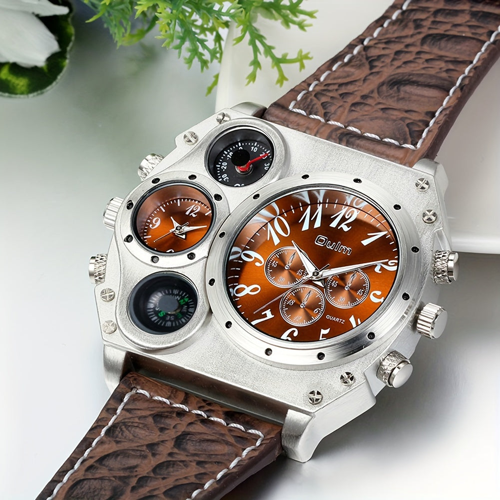 Men 2 Time Zone Big Quartz Watch Mens Faux Leather Wrist Watch Casual Sports Wirstwatch