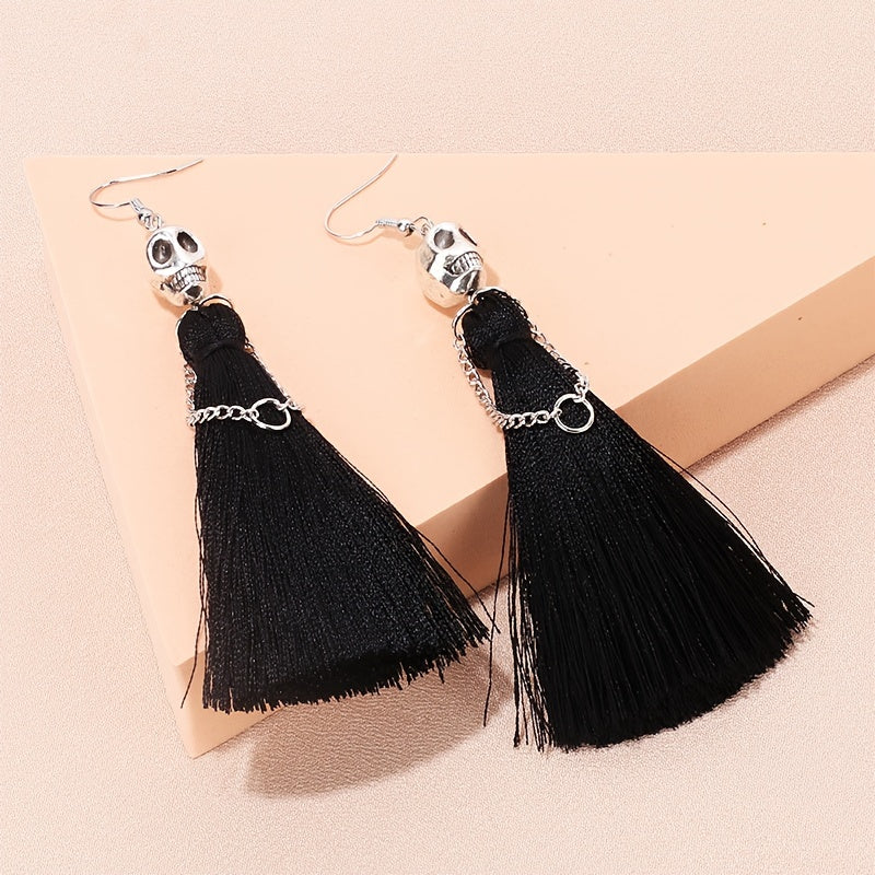 [With Tassel Dangle Earrings Skeleton] Halloween Skeleton Bride Design With Threads Tassel Dangle Earrings Goth Party Style Zinc Alloy Jewelry Ghost Festival Ear Ornaments