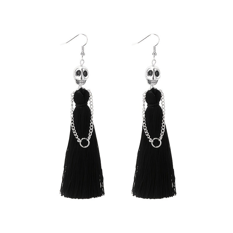 [With Tassel Dangle Earrings Skeleton] Halloween Skeleton Bride Design With Threads Tassel Dangle Earrings Goth Party Style Zinc Alloy Jewelry Ghost Festival Ear Ornaments