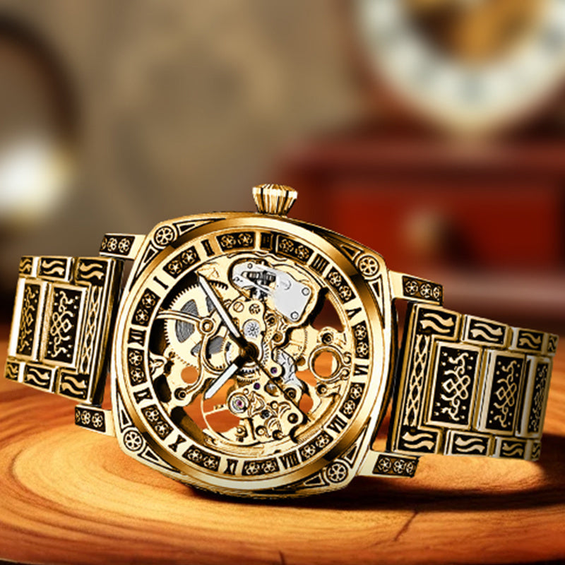 1pc Elegant Men'S Mechanical Watch, Goldene Zinc Alloy Case, Self-Winding Round Dial with Carved Night Light Design, Pointer Display, Zinc Alloy Strap - No Battery Required