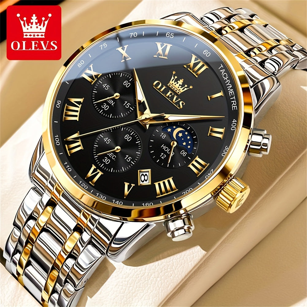 OLEVS Men Watch Stainless Steel Chronograph Roman Numerals Moon Phases Analog Quartz Luxury Dress Watch for Men