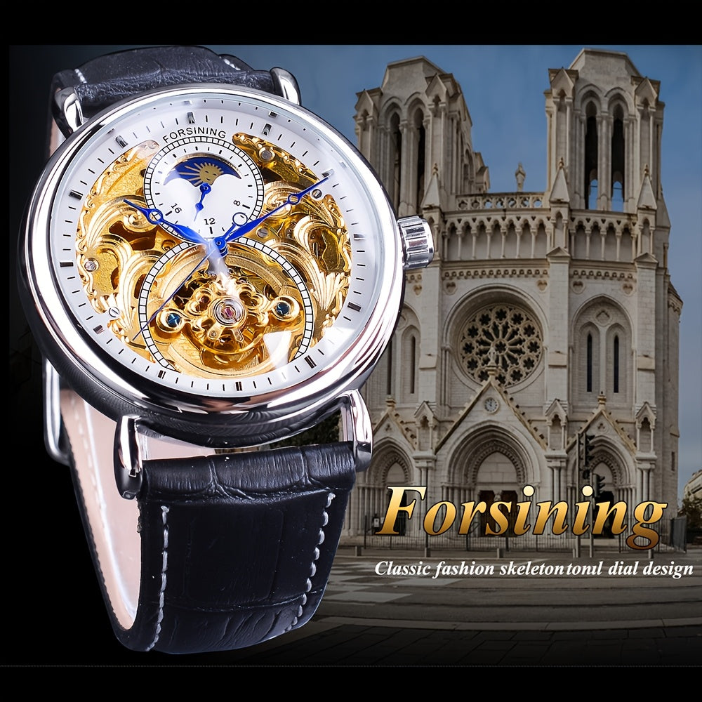 Forsining Vintage Royal Golden Men's Skeleton Watch - Tourbillon & Moon Dial, Blue Hands, Stainless Steel Case, Faux Leather Strap - Elegant Business Fashion Wristwatch, Mechanical Watches, Ideal Luxury Gifts, Casual