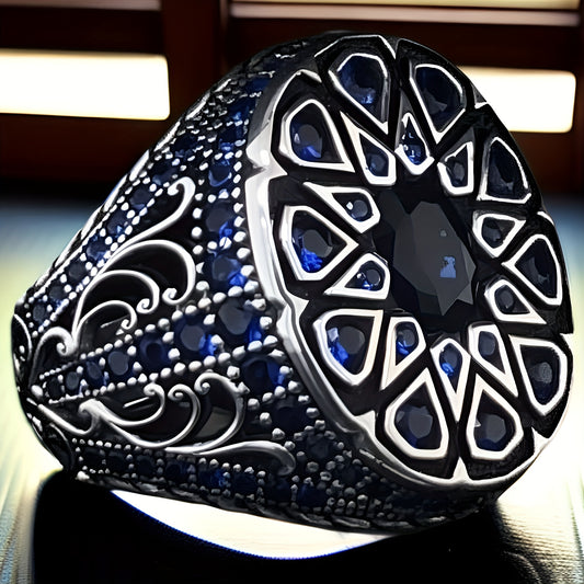 Vintage Blue Craftsman Ring for Men - Fashionable Floral Pattern, Blue & White Engraved Alloy with Synthetic Zirconia Inlay, Perfect for Parties, Graduation, and Business Wear, Graduation Accessory | Floral Pattern Ring | Cra