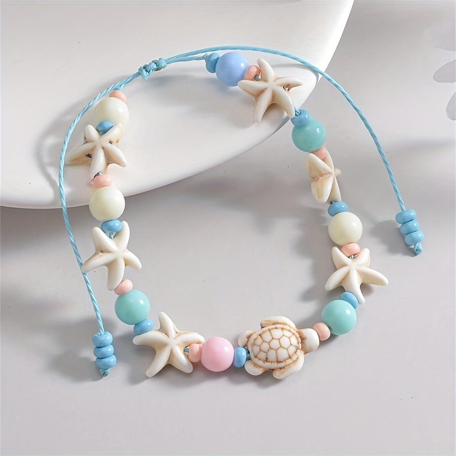 1pc Ocean-Themed Beach Vacation Bracelet - Starfish & Turtle Acrylic Bead Strand with Pastel Blue Green Beads, Lightweight Durable Summer Party Jewelry for Women, Year-Round Casual Wear
